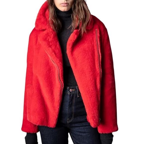 Zadig & Voltaire Jacket M/L Red Freeze Color Faux Fur Coat Medium Large